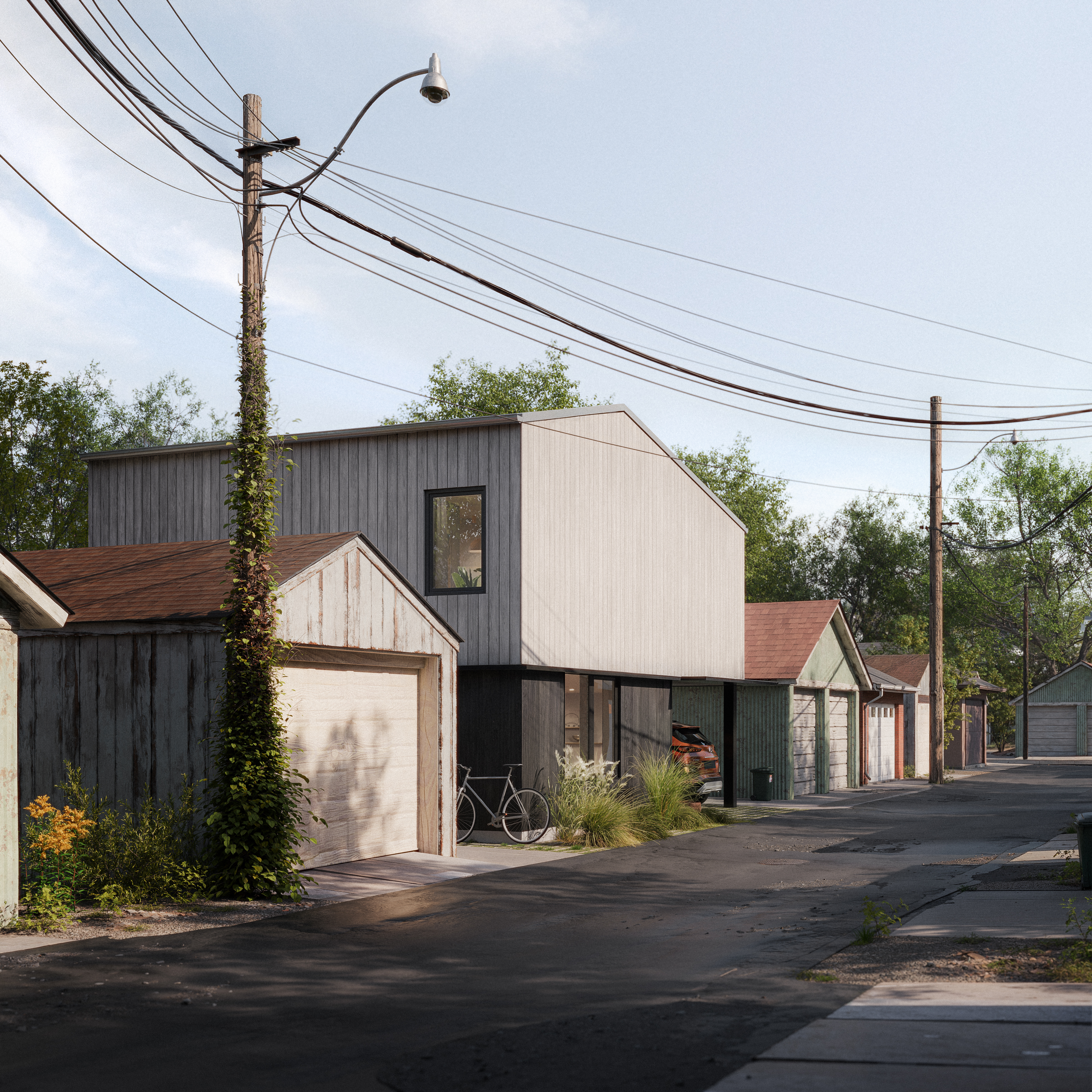 A 3D rendering of a ADU with a sleek, light wood exterior, tucked behind two  brick houses.